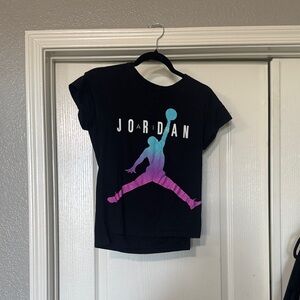 Jordan Womens Black Tee with Pink and Blue Gradient Logo